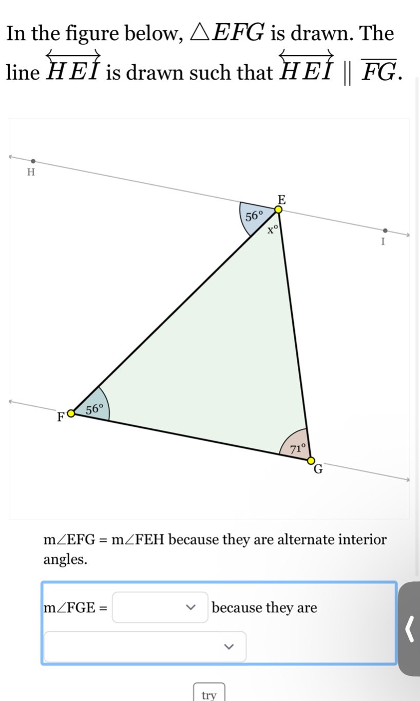 in the figure below, $\\triangle efg$ is drawn. the line $\\overleftrig…
