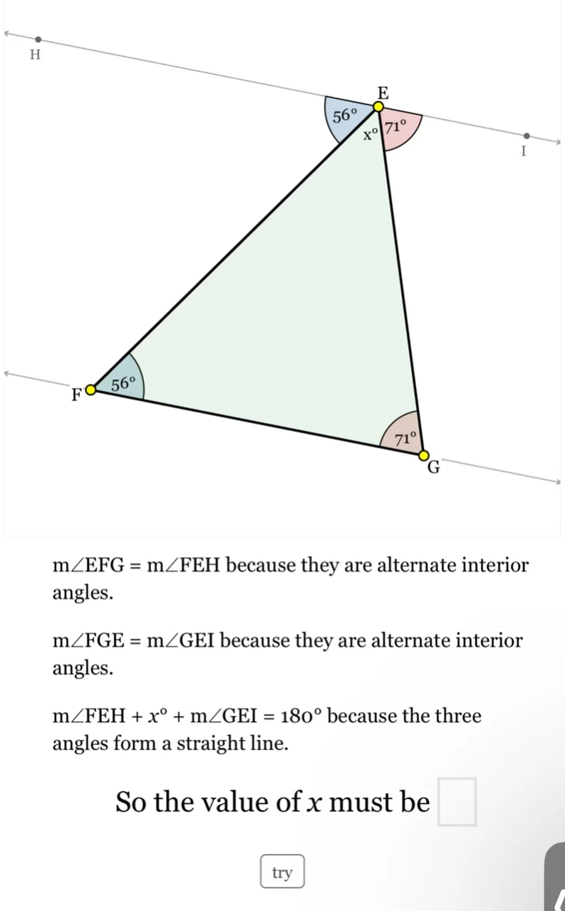 m∠efg = m∠feh because they are alternate interior angles. m∠fge = m∠gei…