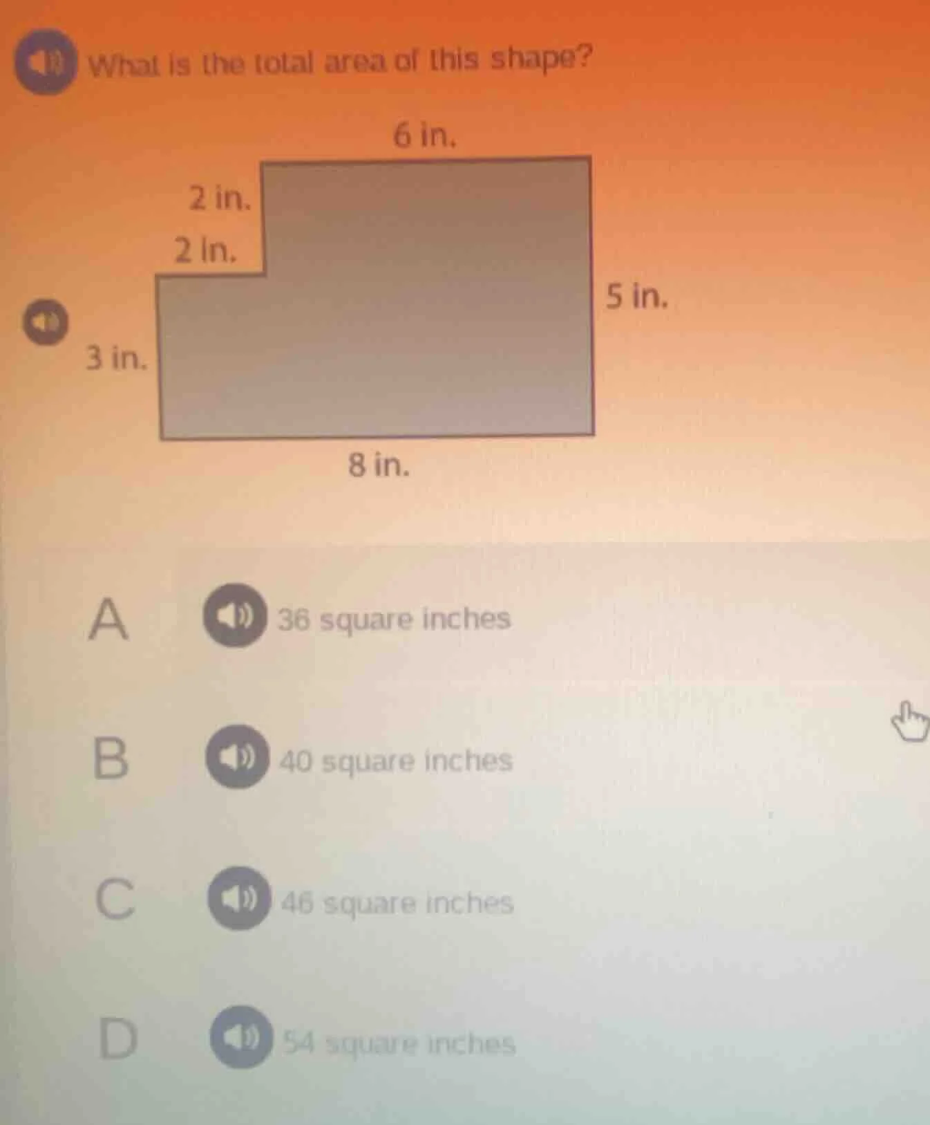 what is the total area of this shape? 6 in. 2 in. 2 in. 5 in. 3 in. 8 i…