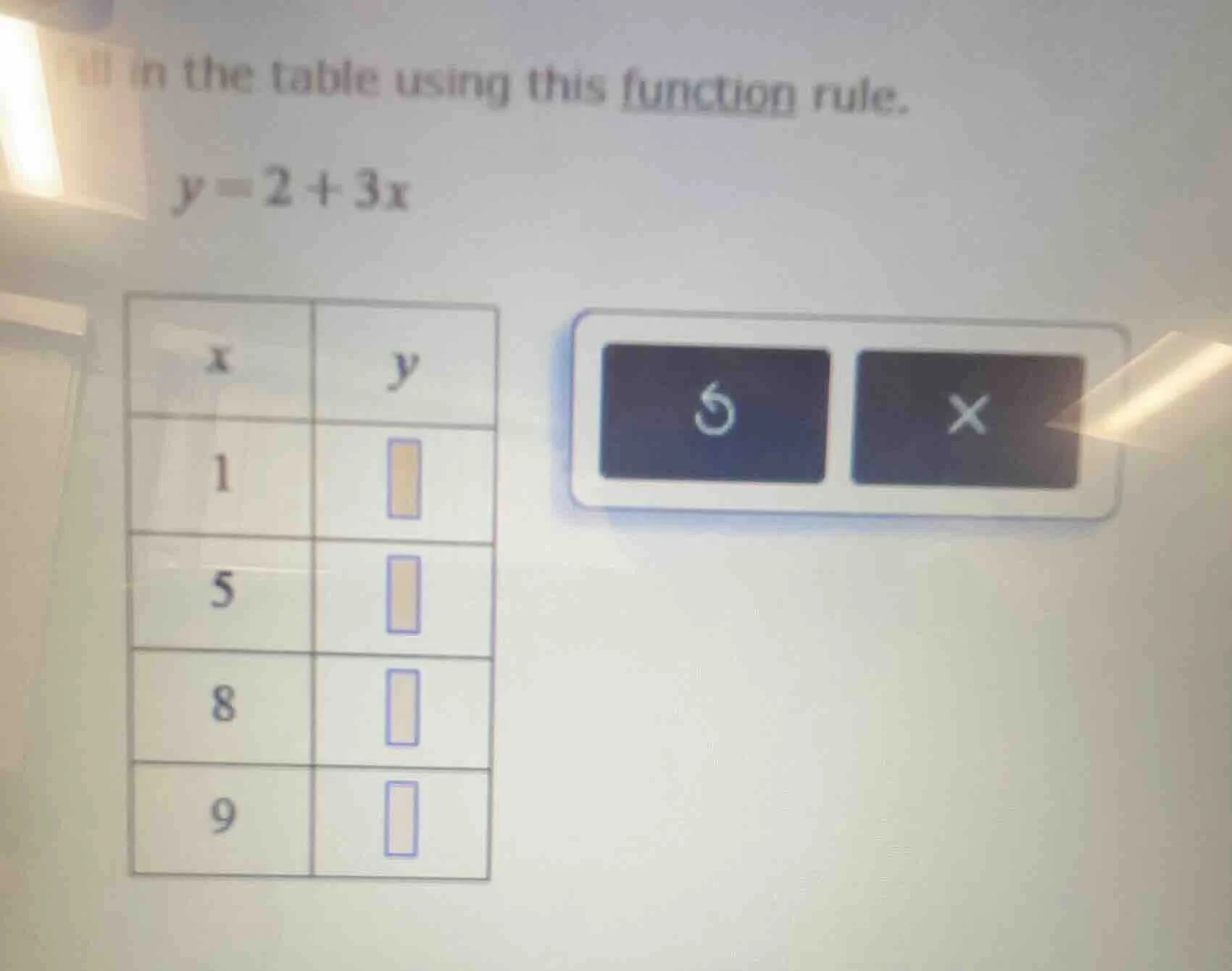fill in the table using this function rule. y = 2 + 3x | x | y | | ----…