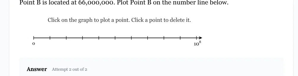 point b is located at 66,000,000. plot point b on the number line below…