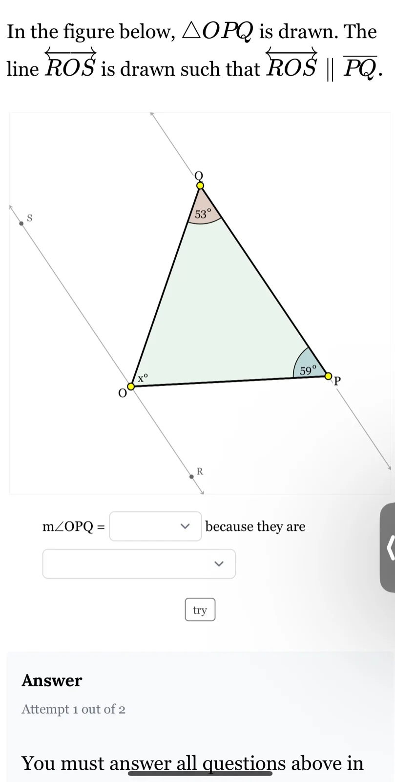 in the figure below, $\\triangle opq$ is drawn. the line $\\overleftrig…