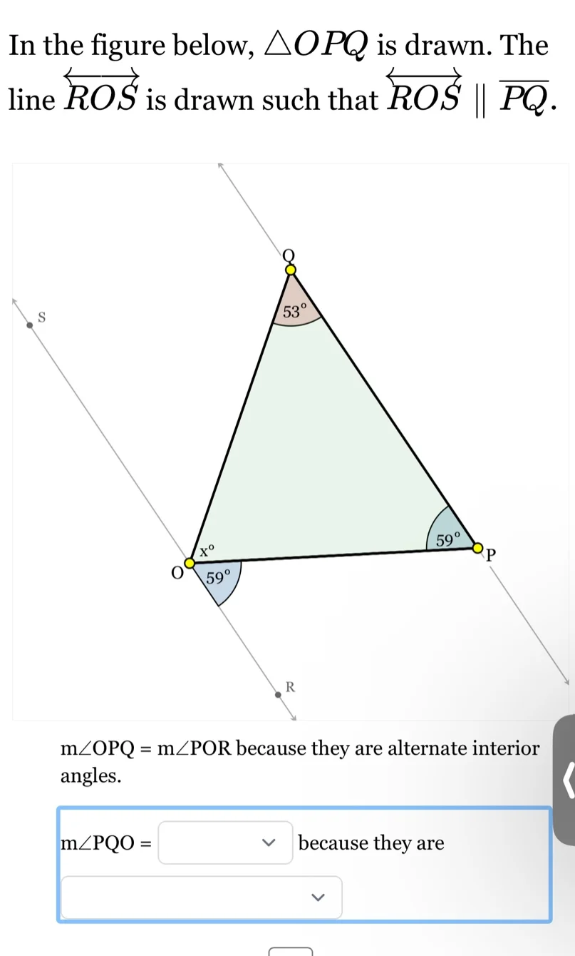 in the figure below, $\\triangle opq$ is drawn. the line $\\overleftrig…