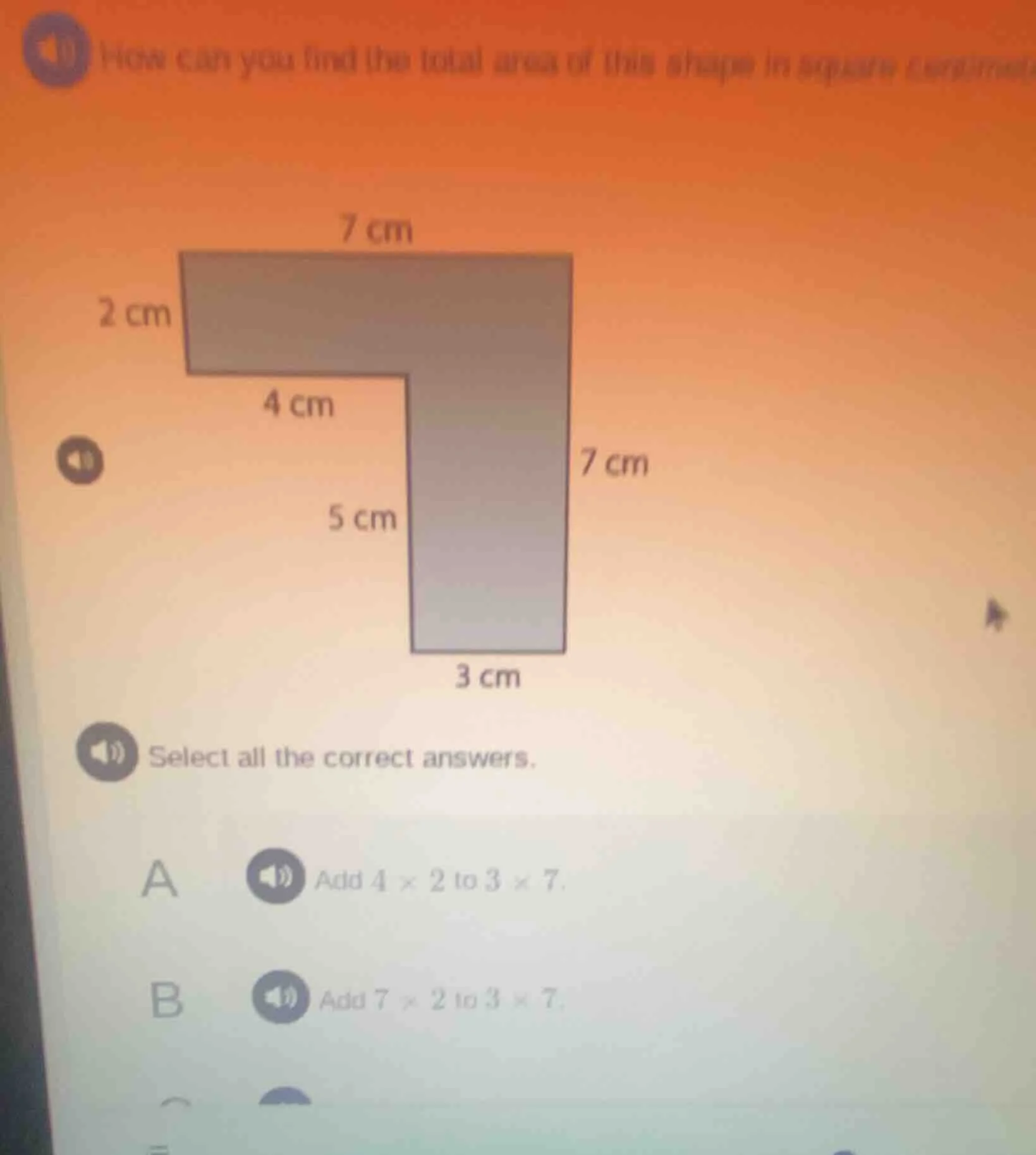 how can you find the total area of this shape in square centimeters? se…