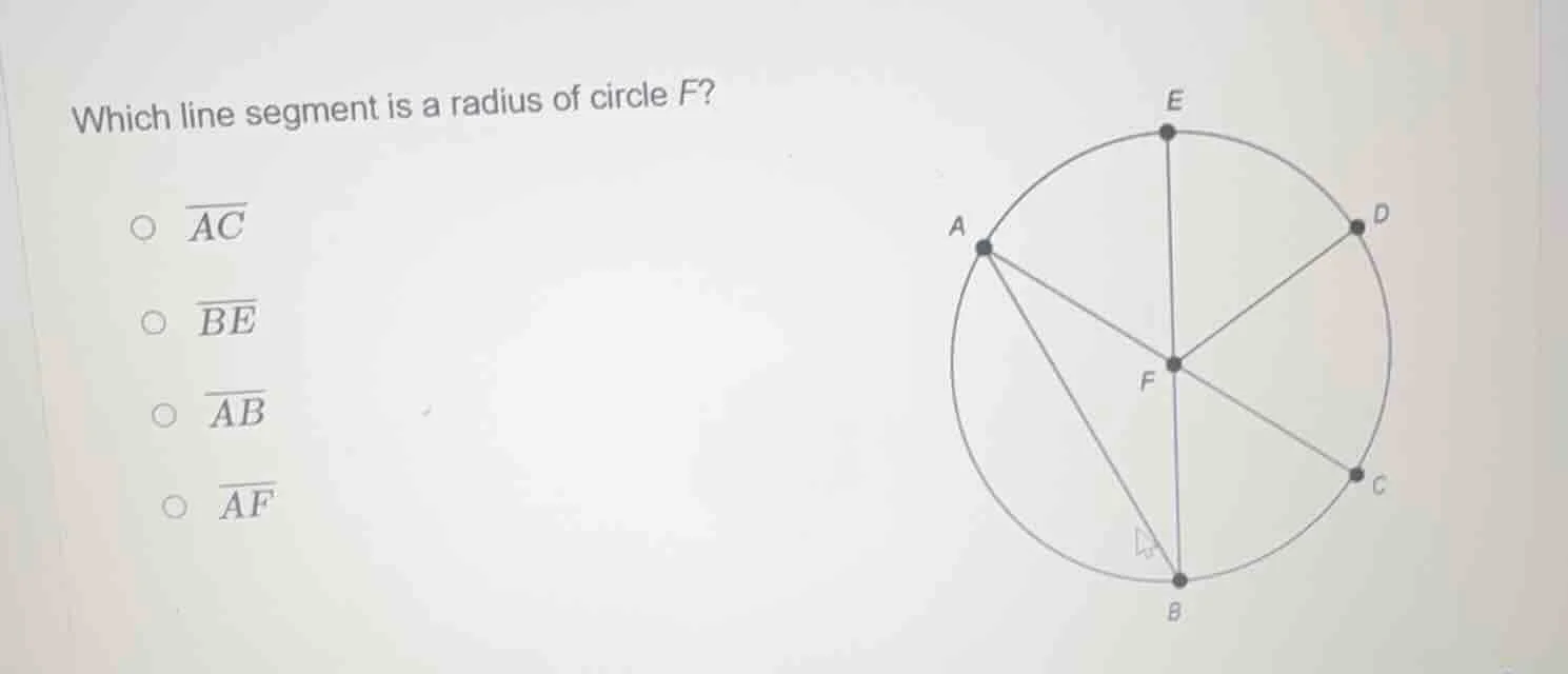 which line segment is a radius of circle f? ○ $overline{ac}$ ○ $overlin…