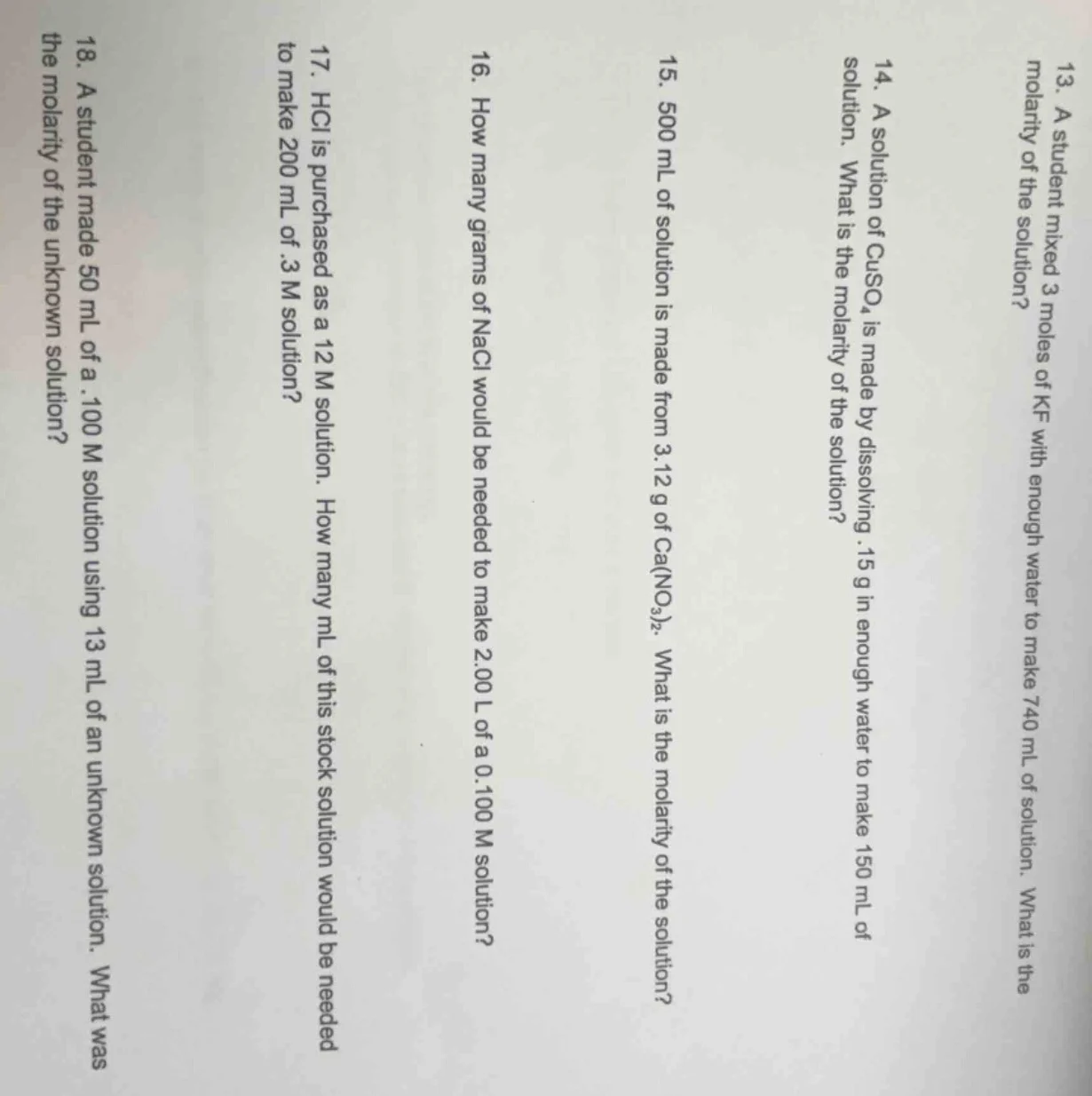 13. a student mixed 3 moles of kf with enough water to make 740 ml of s…