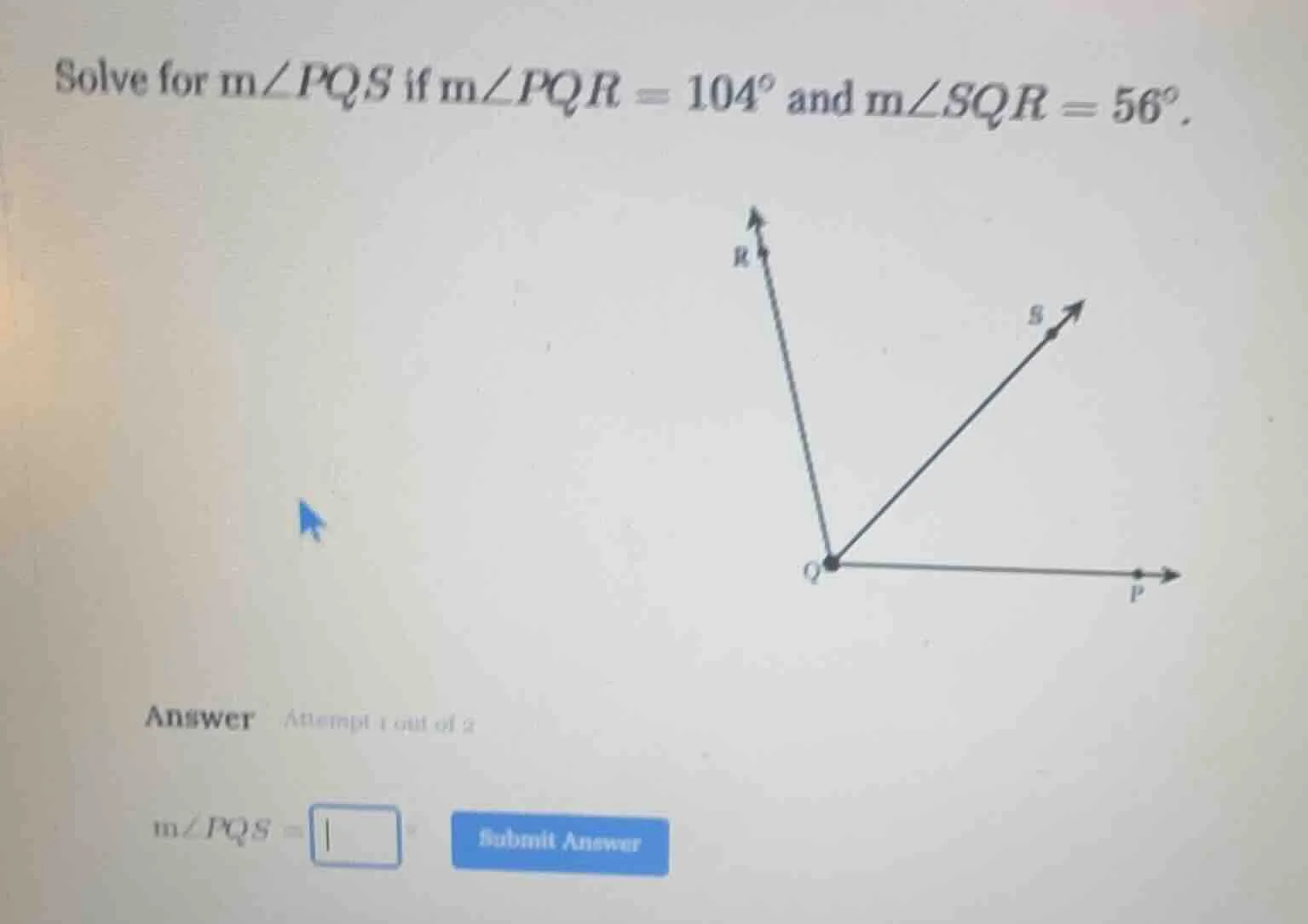 solve for ( mangle pqs ) if ( mangle pqr = 104^circ ) and ( mangle sqr …