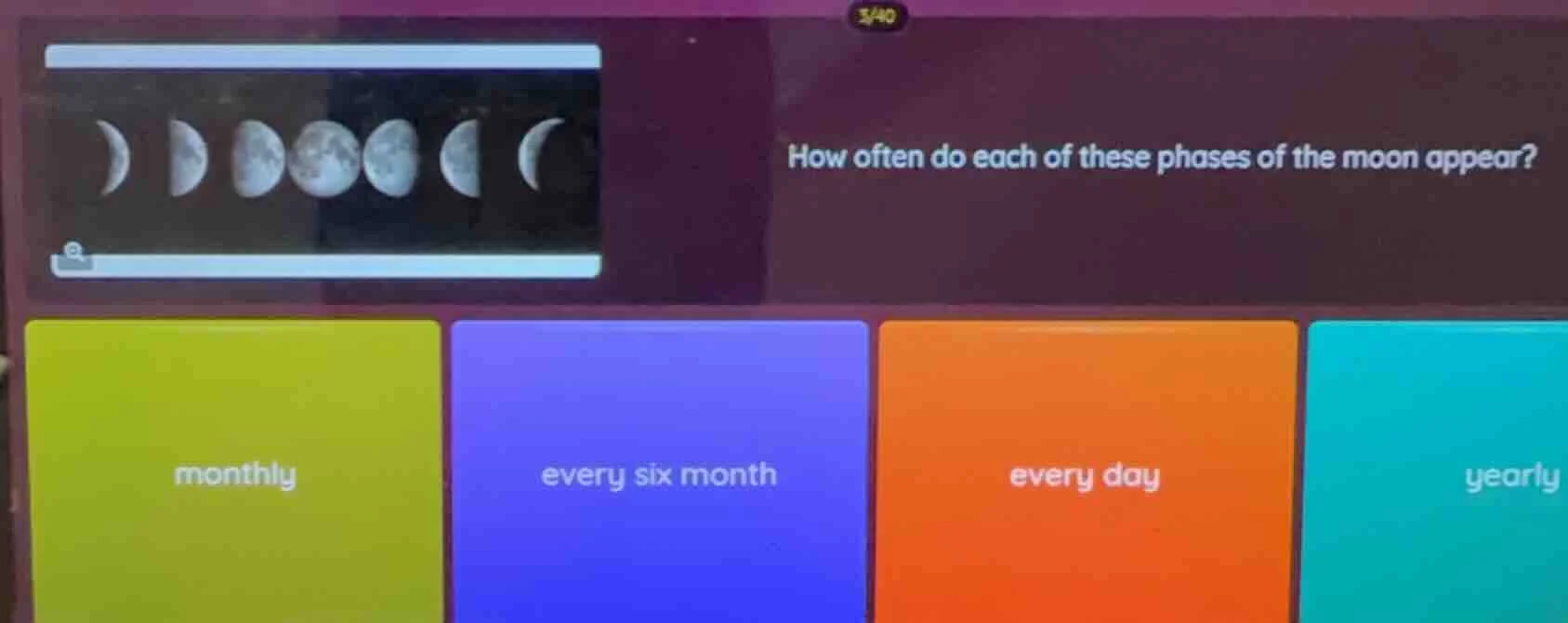 how often do each of these phases of the moon appear? monthly every six…