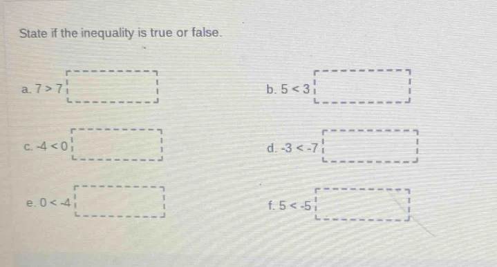 state if the inequality is true or false. a. $7 > 7$ b. $5 < 3$ c. $-4 …