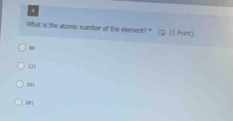 4 what is the atomic number of the element? * (1 point) 80 121 201 281