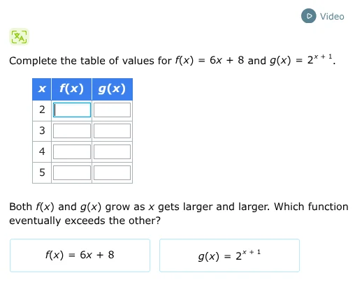 complete the table of values for $f(x) = 6x + 8$ and $g(x) = 2^{x + 1}$…