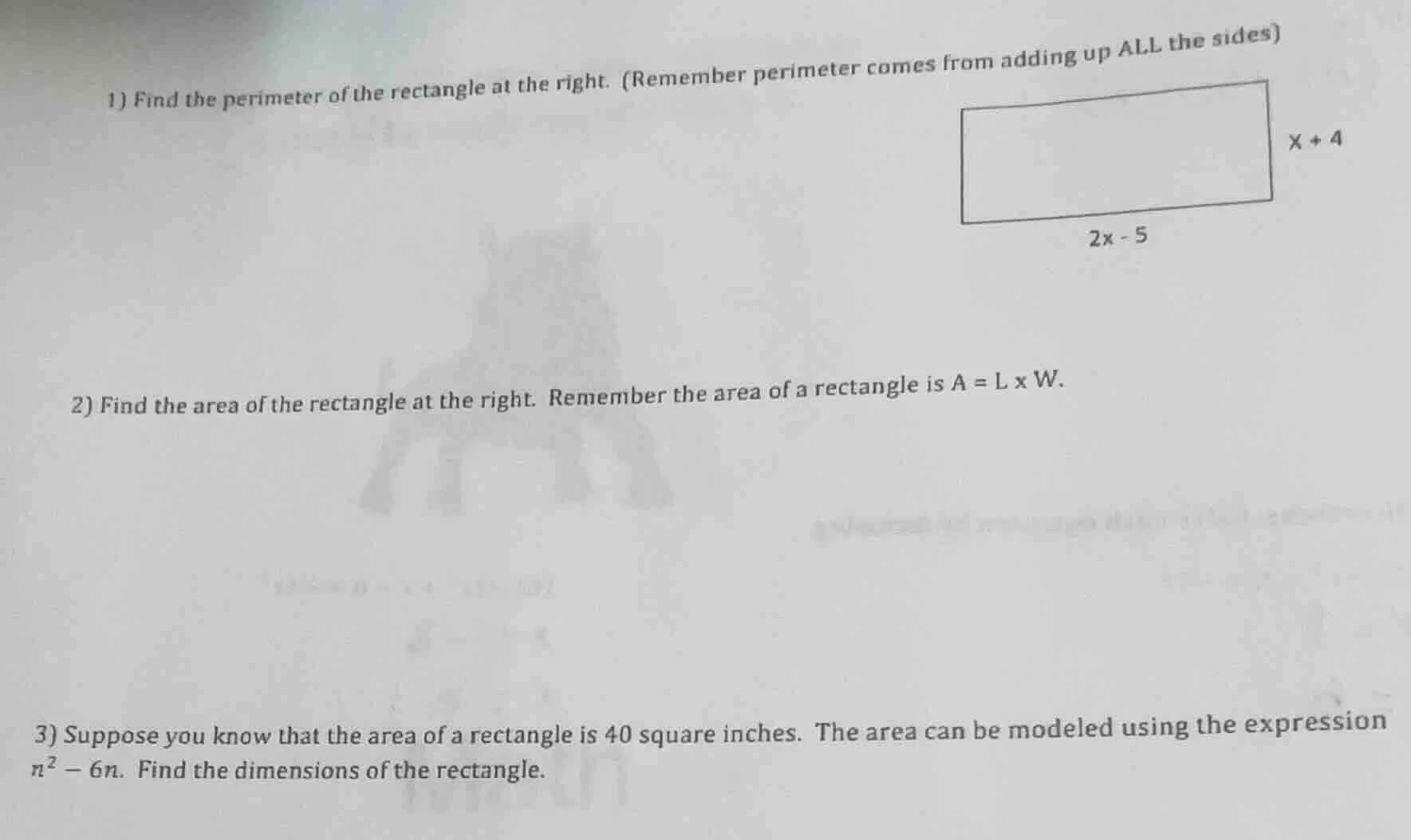 1) find the perimeter of the rectangle at the right. (remember perimete…
