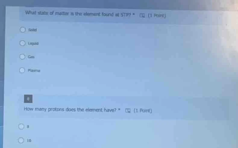 what state of matter is the element found at stp? * (1 point) solid liq…