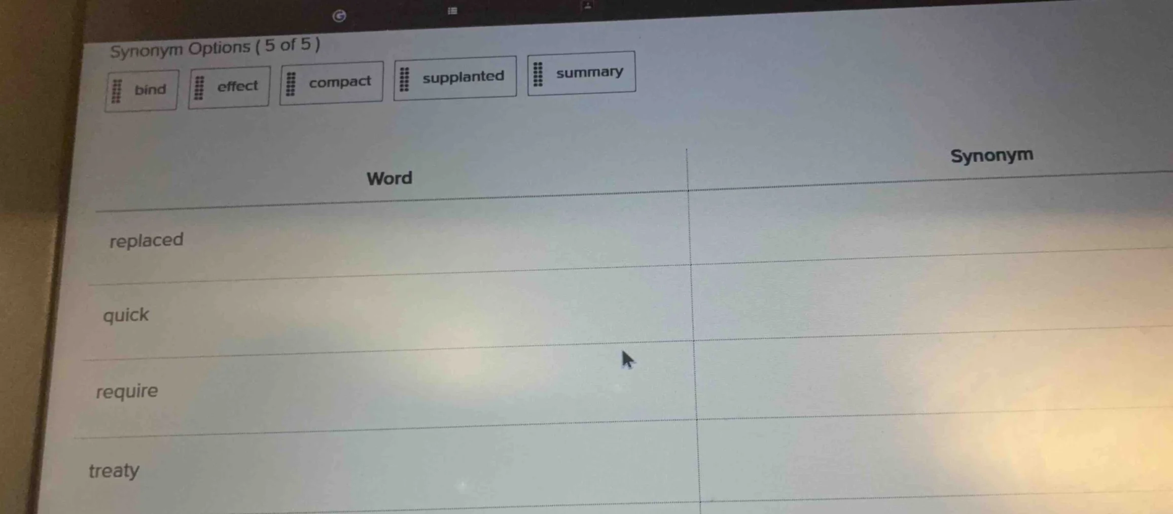synonym options (5 of 5) bind effect compact supplanted summary word sy…