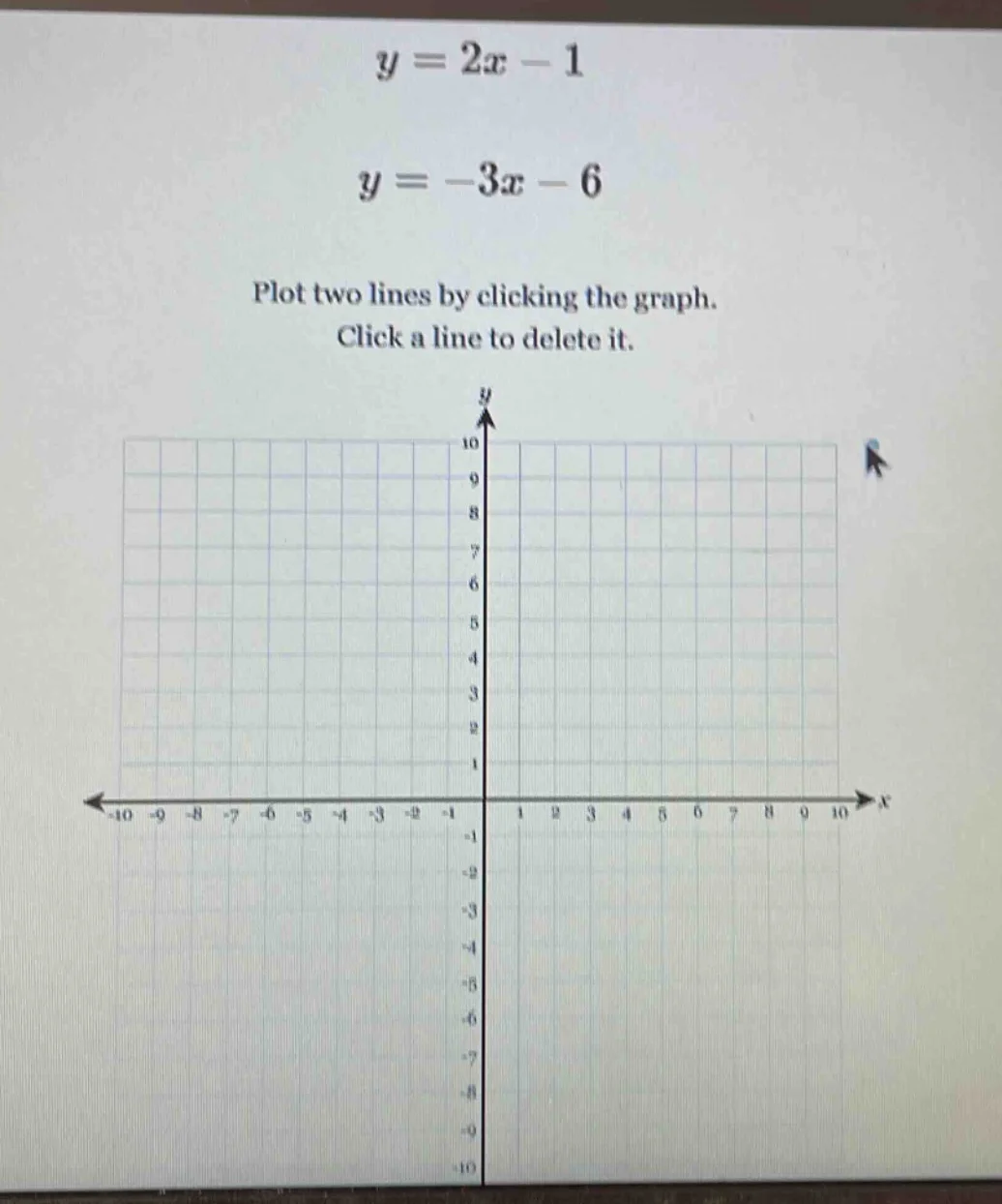 y = 2x - 1 y = -3x - 6 plot two lines by clicking the graph. click a li…