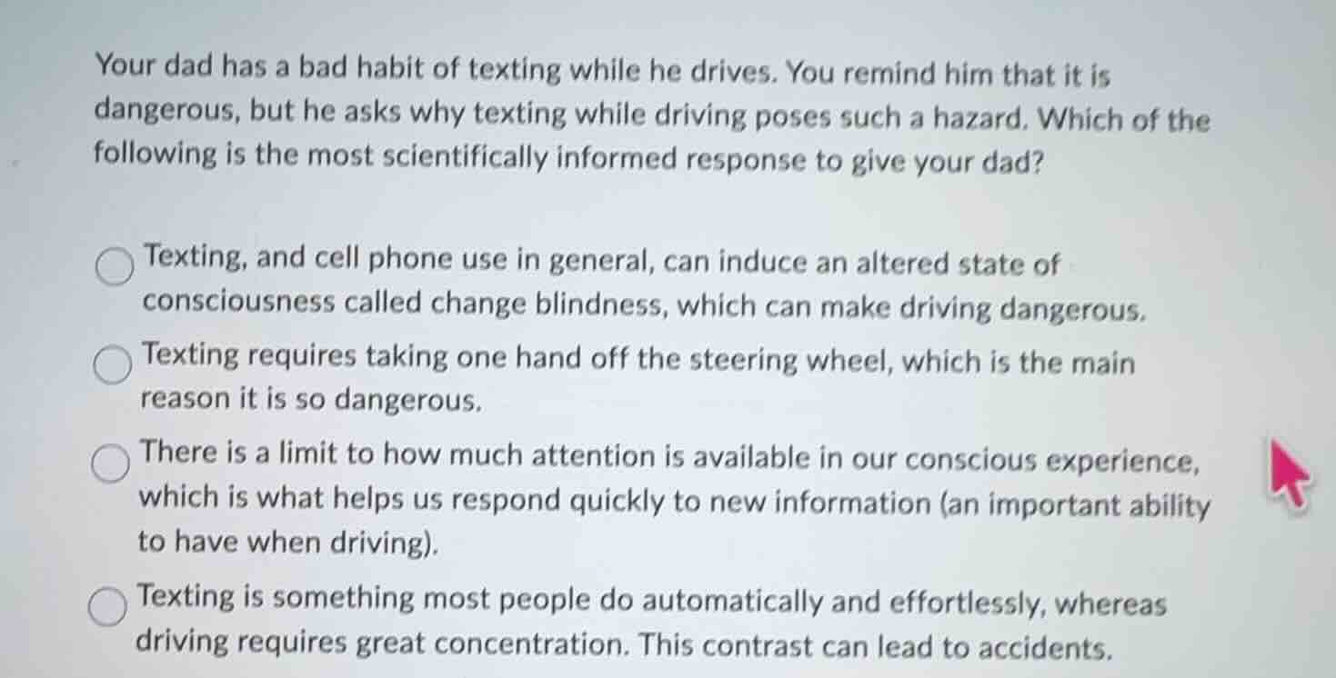 your dad has a bad habit of texting while he drives. you remind him tha…