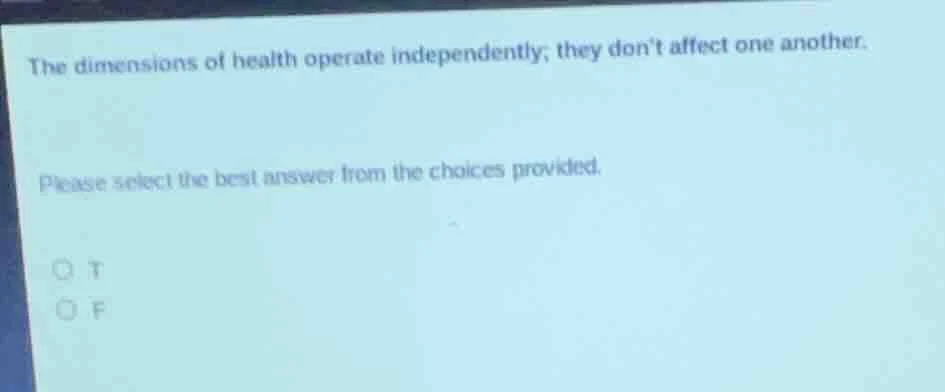 the dimensions of health operate independently; they dont affect one an…