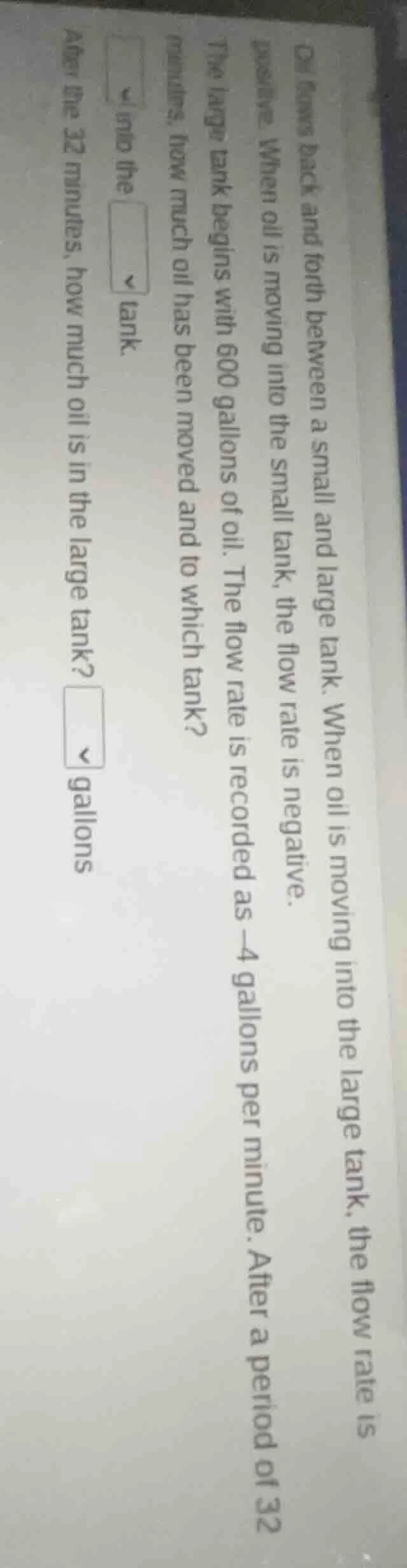 oil flows back and forth between a small and large tank. when oil is mo…