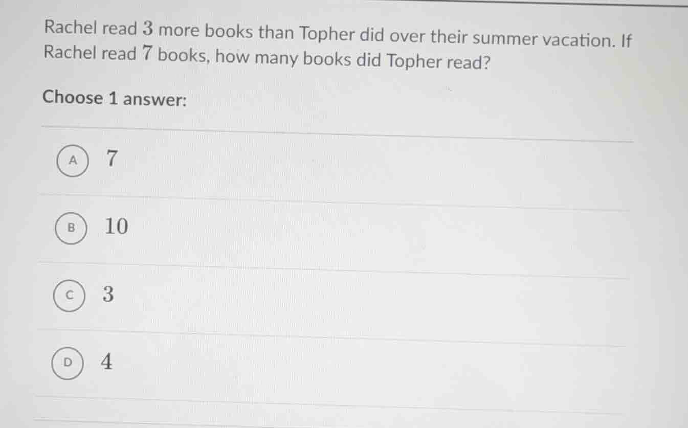 rachel read 3 more books than topher did over their summer vacation. if…