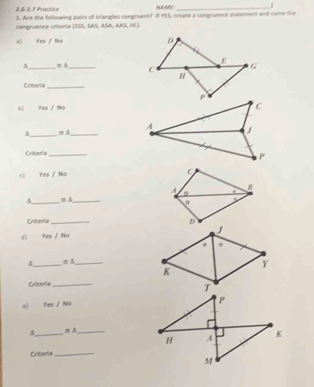 2.6 - 2.7 practice name: 1. are the following pairs of triangles congru…