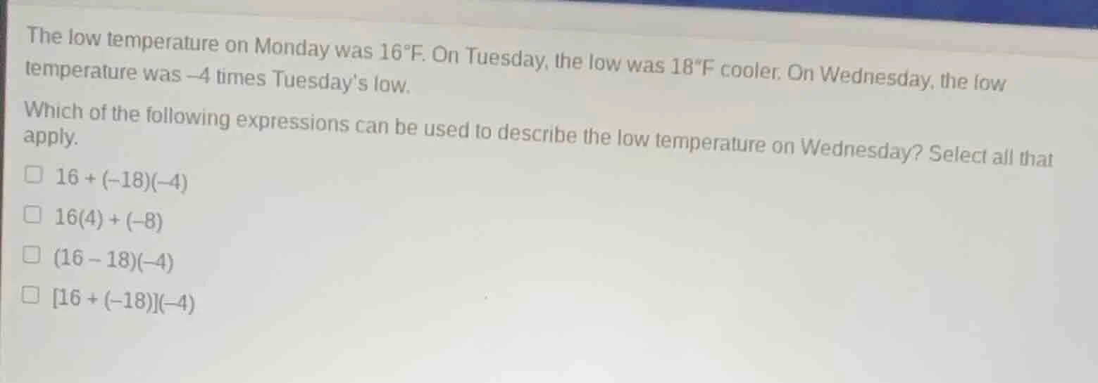 the low temperature on monday was 16°f. on tuesday, the low was 18°f co…
