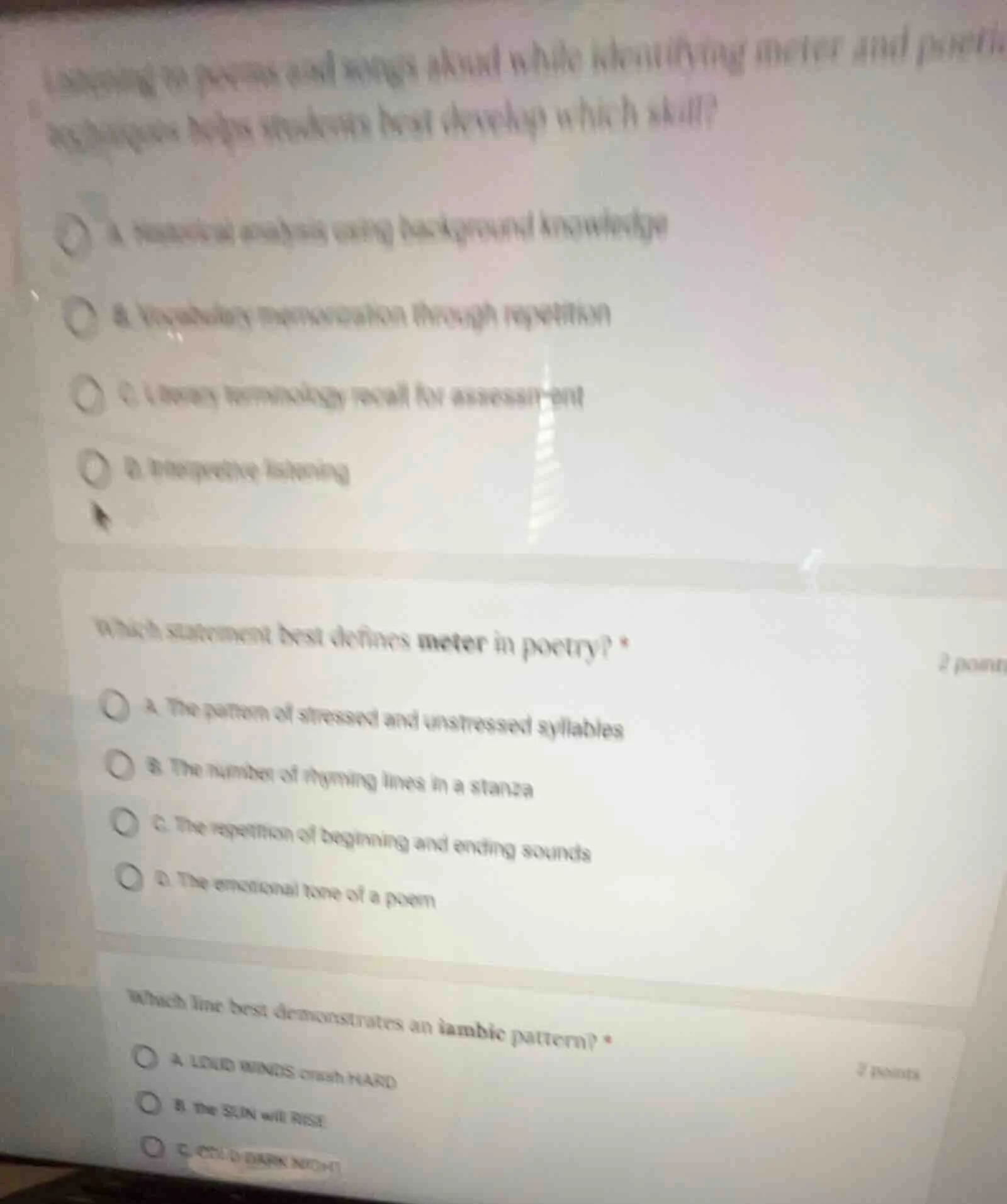 listening to poems and songs aloud while identifying meter and poetic t…