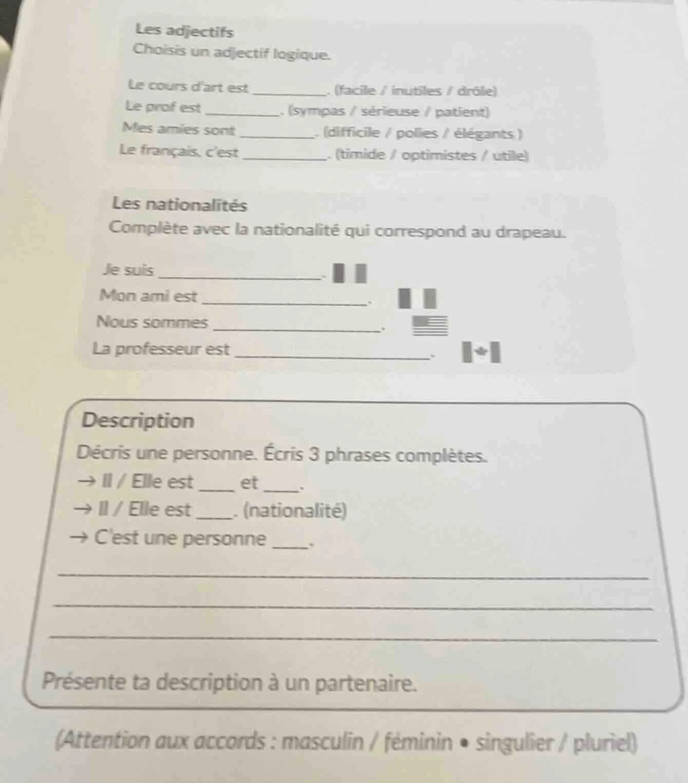les adjectifs choisis un adjectif logique. le cours d’art est ________.…