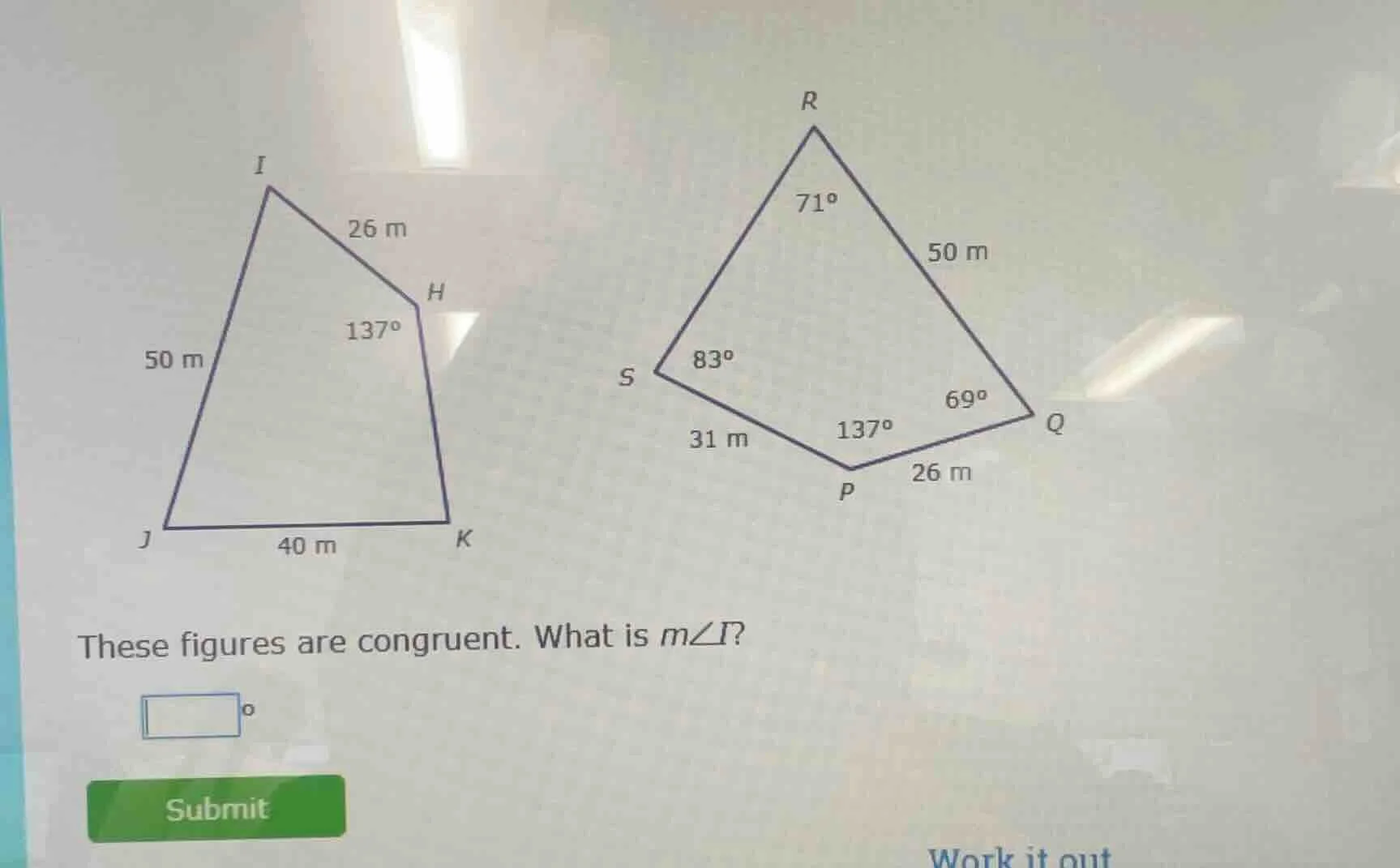 these figures are congruent. what is ( mangle i )?