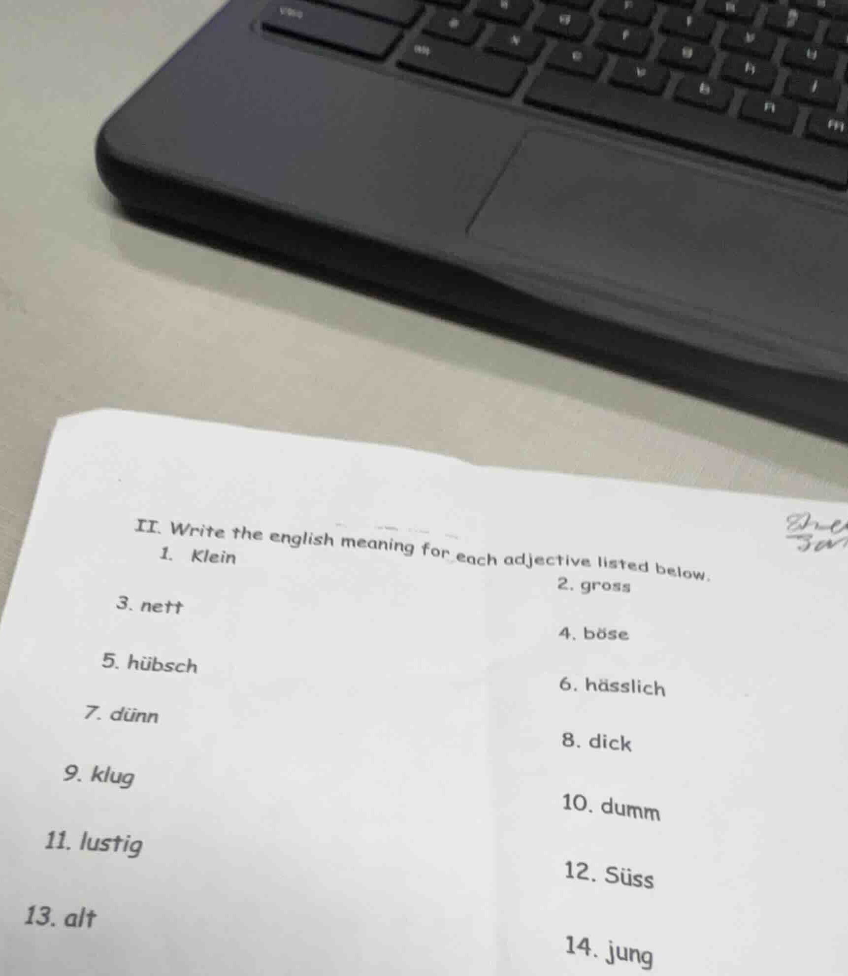 ii. write the english meaning for each adjective listed below. 1. klein…