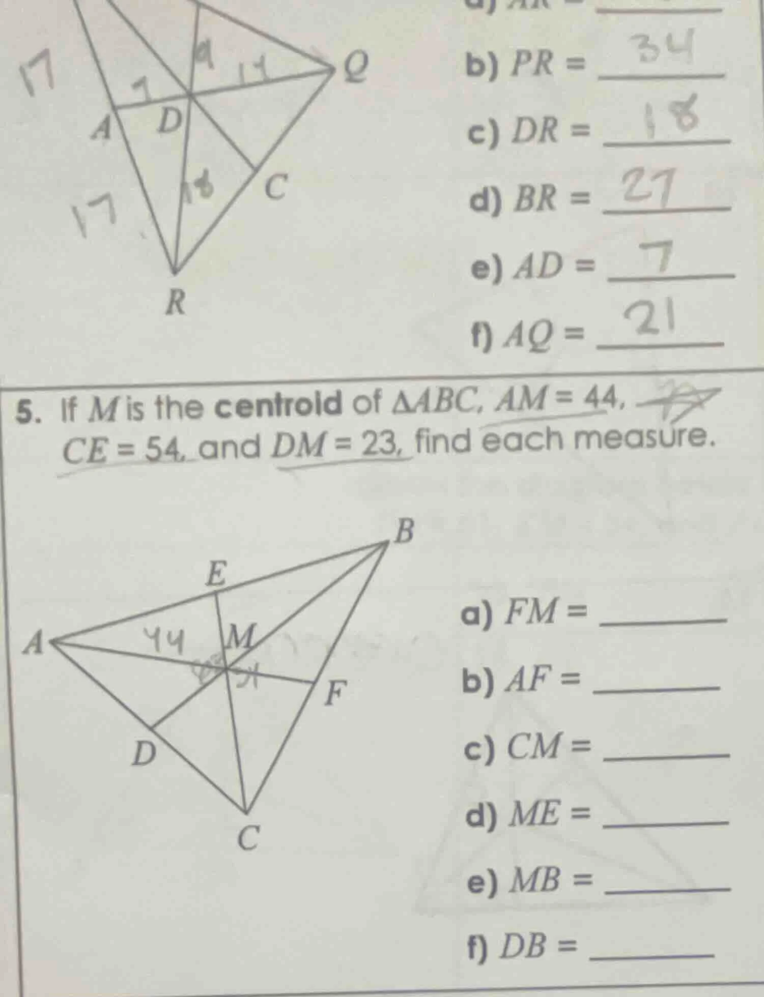 5. if m is the centroid of $\\triangle abc$, $am = 44$, $ce = 54$, and …