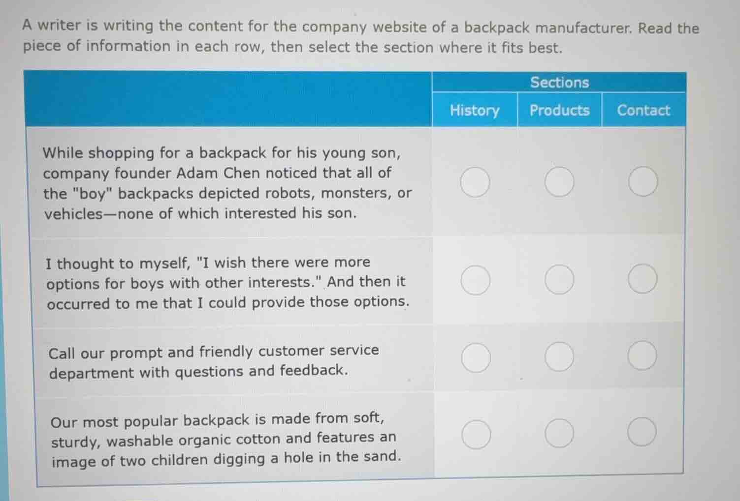 a writer is writing the content for the company website of a backpack m…