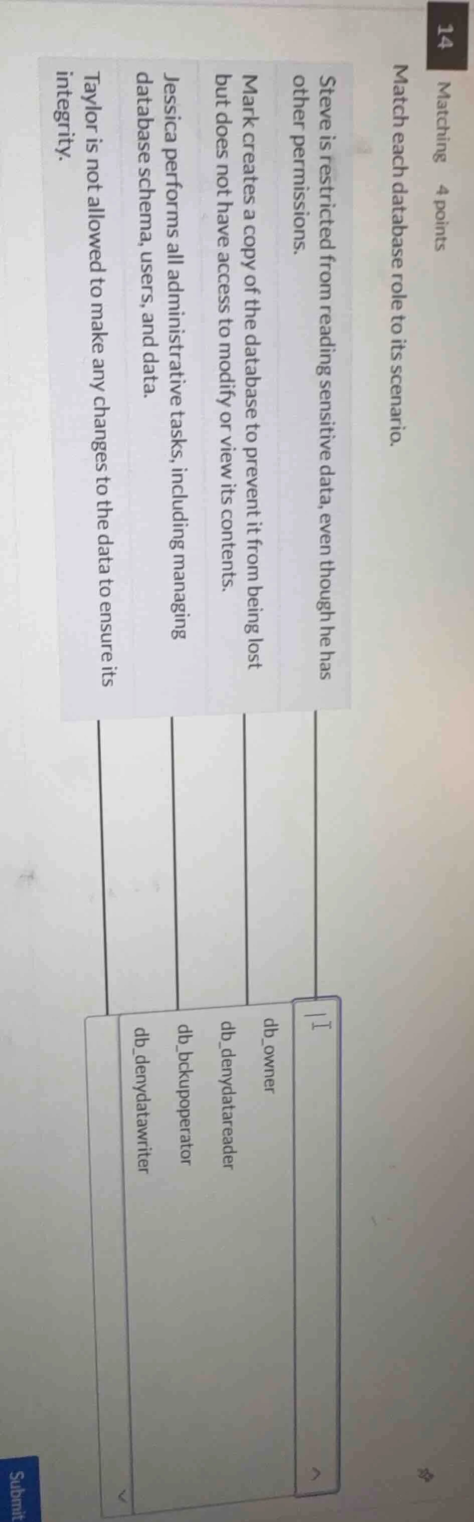 matching 4 points match each database role to its scenario. steve is re…