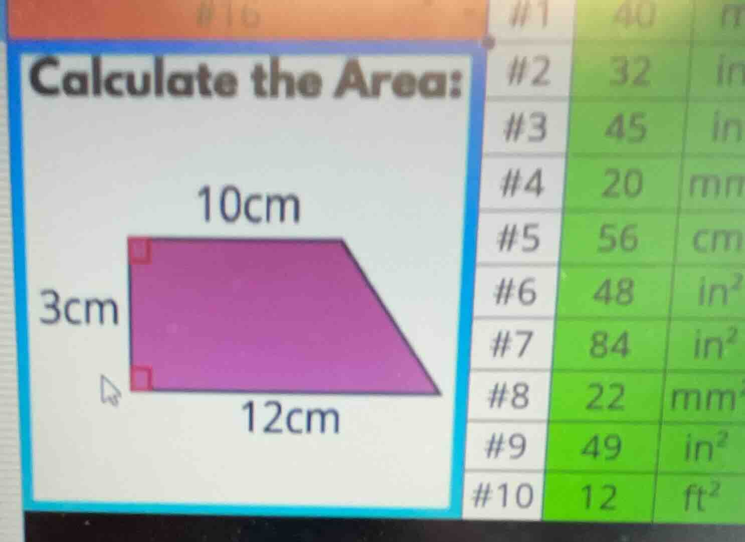 calculate the area: 10cm 3cm 12cm