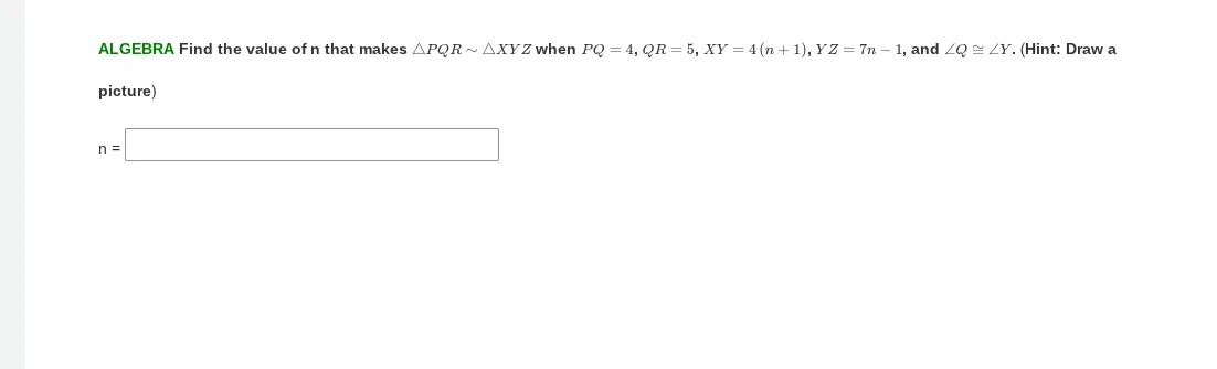 algebra find the value of n that makes $\\triangle pqr \\sim \\triangle…