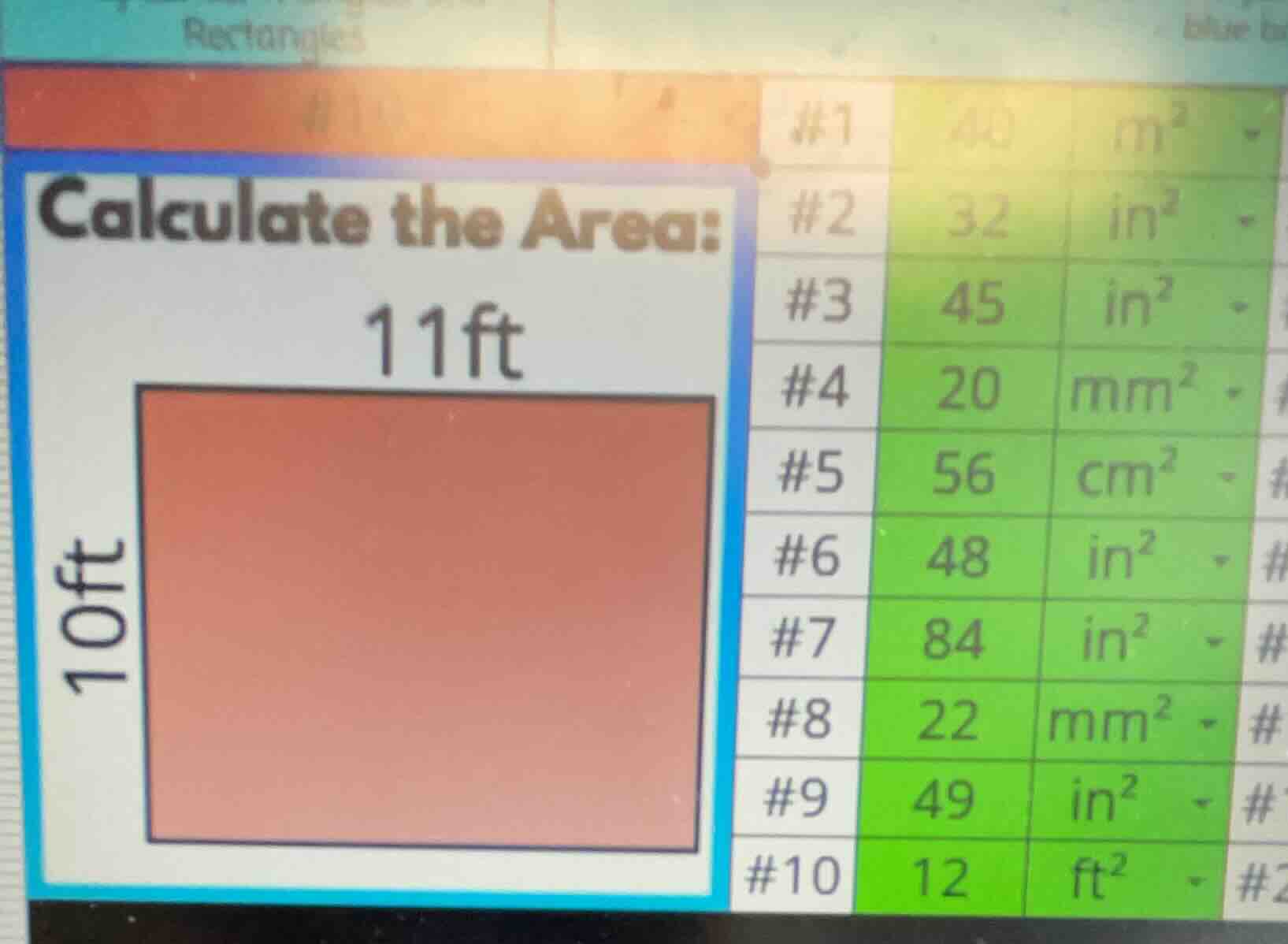 calculate the area: 11ft 10ft