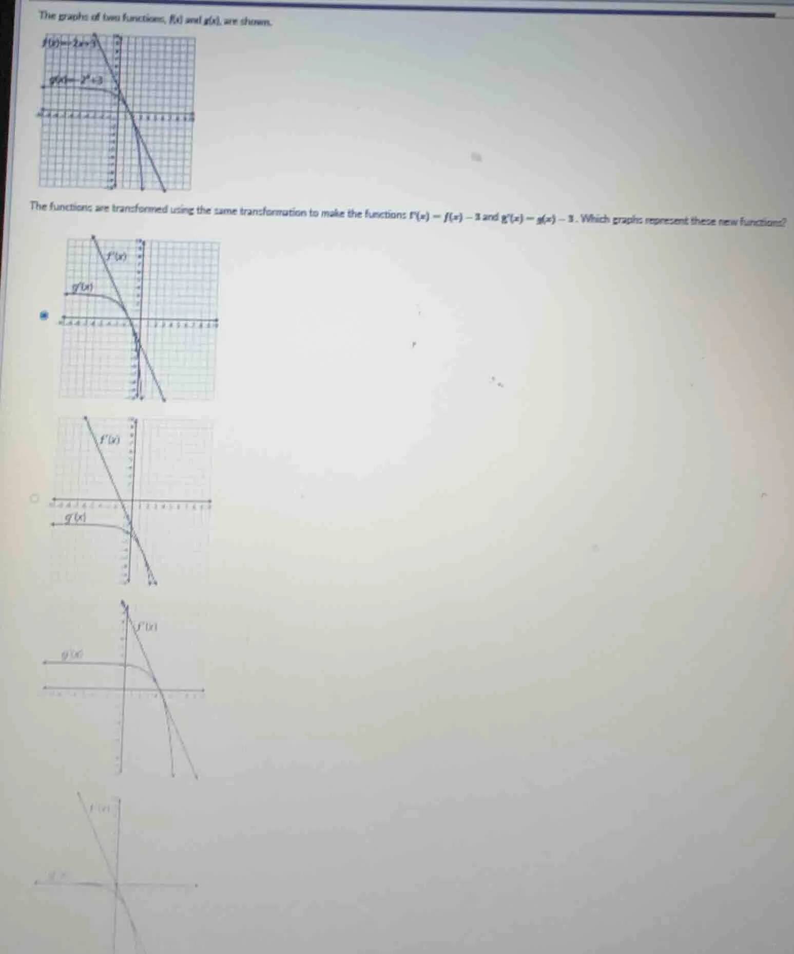 the graphs of two functions, f(x) and g(x), are shown. the functions ar…