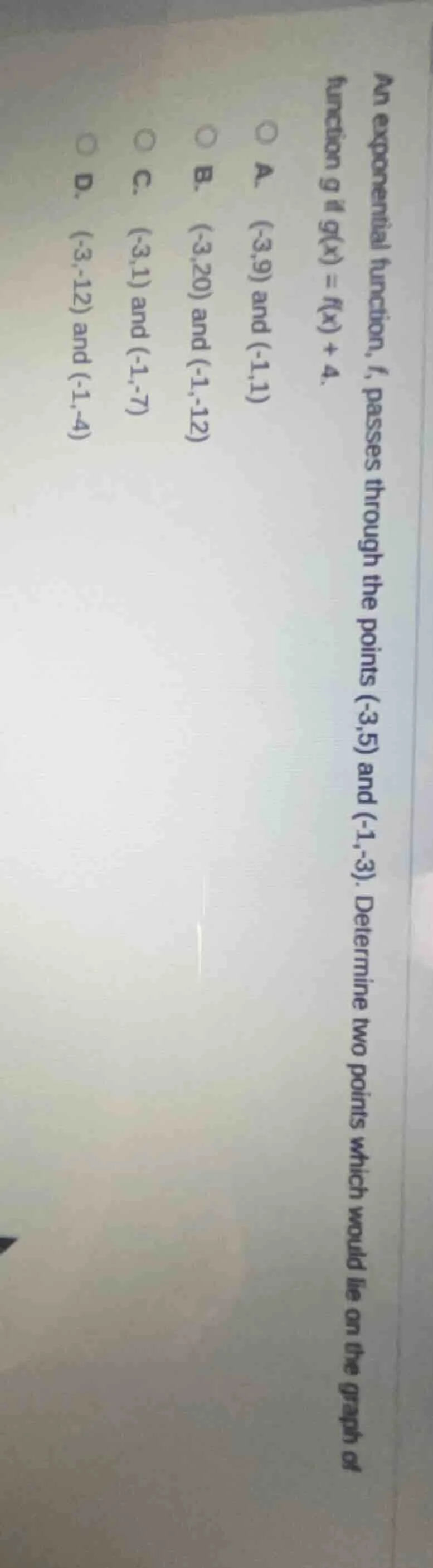 an exponential function, f, passes through the points (-3,5) and (-1,-3…