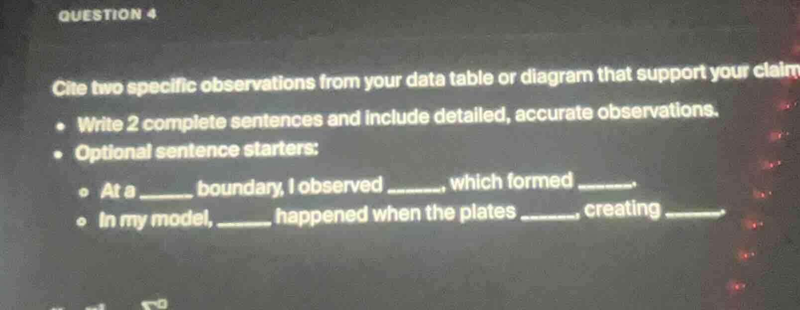 question 4 cite two specific observations from your data table or diagr…