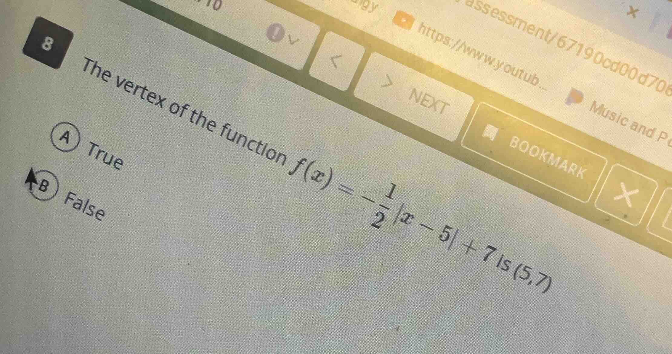 8 the vertex of the function $f(x)=-\frac{1}{2}|x - 5|+7$ is $(5,7)$ a …