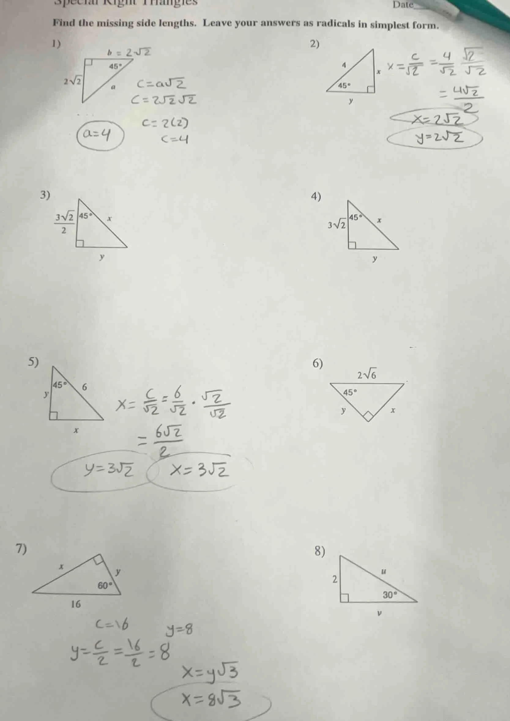 special right triangles date find the missing side lengths. leave your …