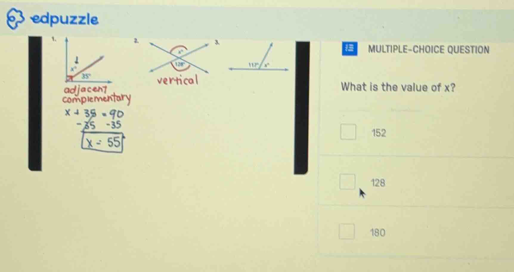 1. 2. 3. multiple-choice question what is the value of x? 152 128 180