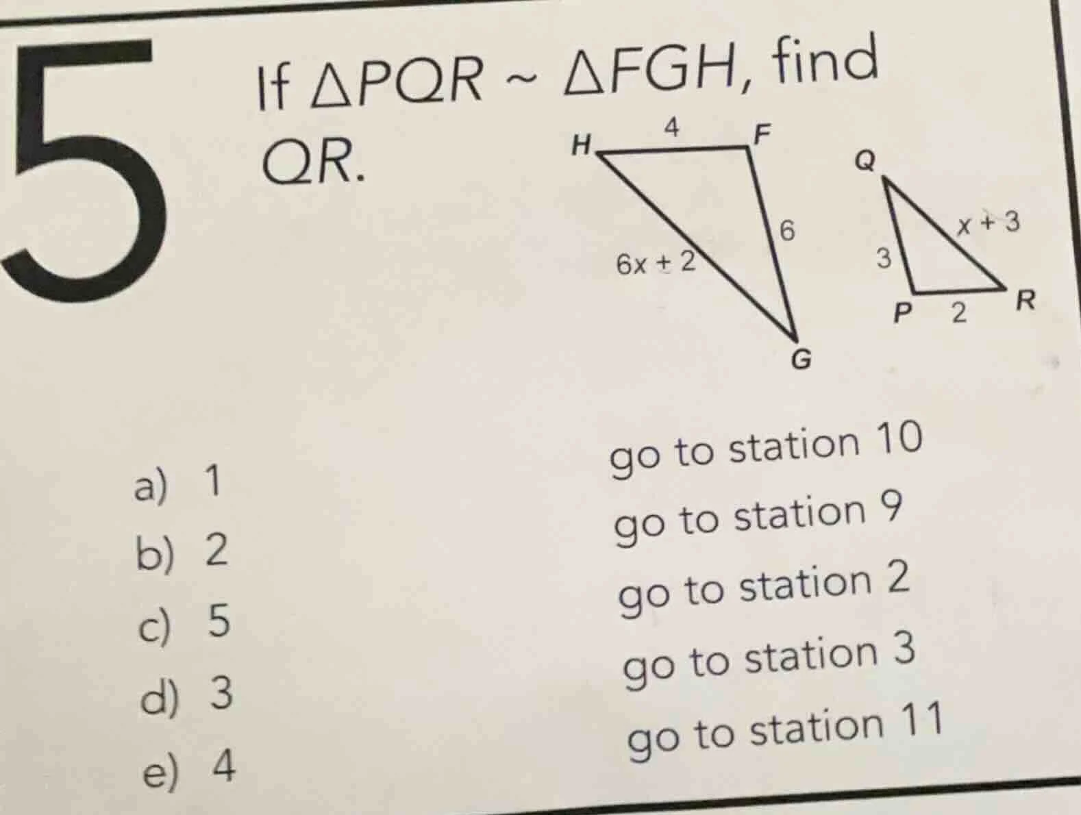 5 if $\\triangle pqr \\sim \\triangle fgh$, find $qr$. (there are two t…