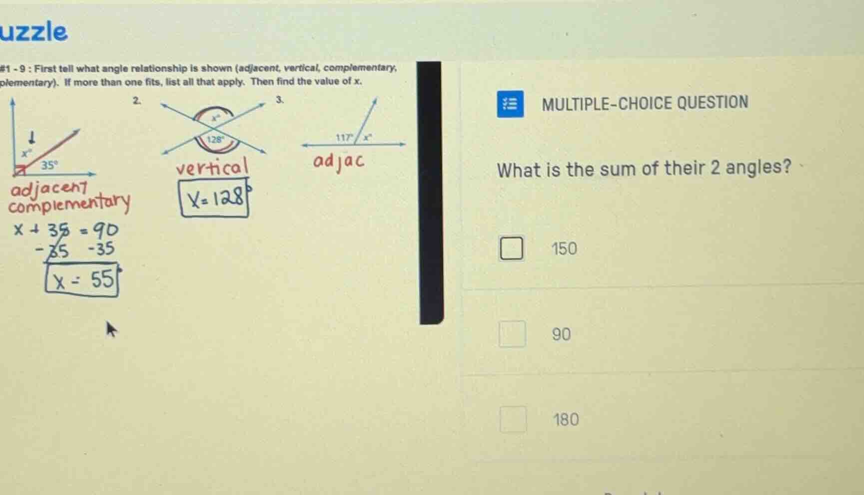 #1 - 9 : first tell what angle relationship is shown (adjacent, vertica…