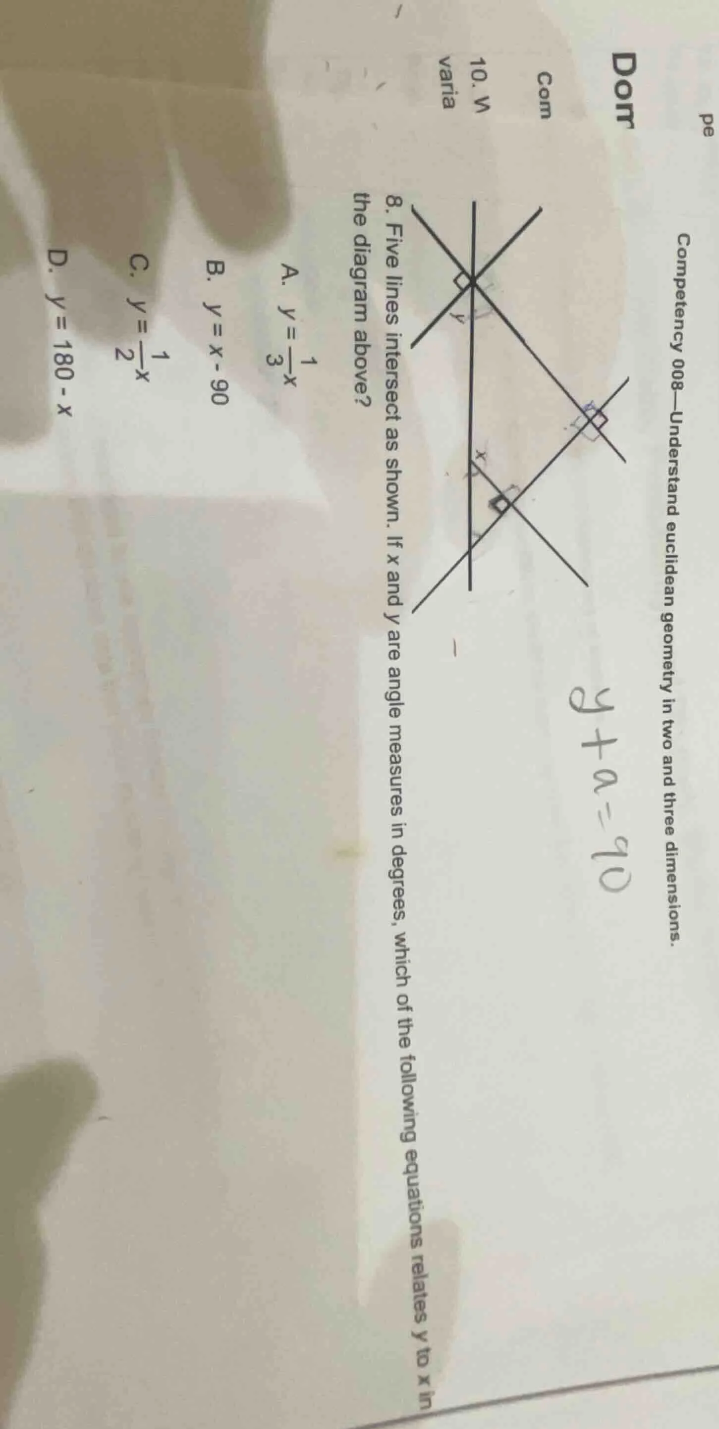 8. five lines intersect as shown. if x and y are angle measures in degr…