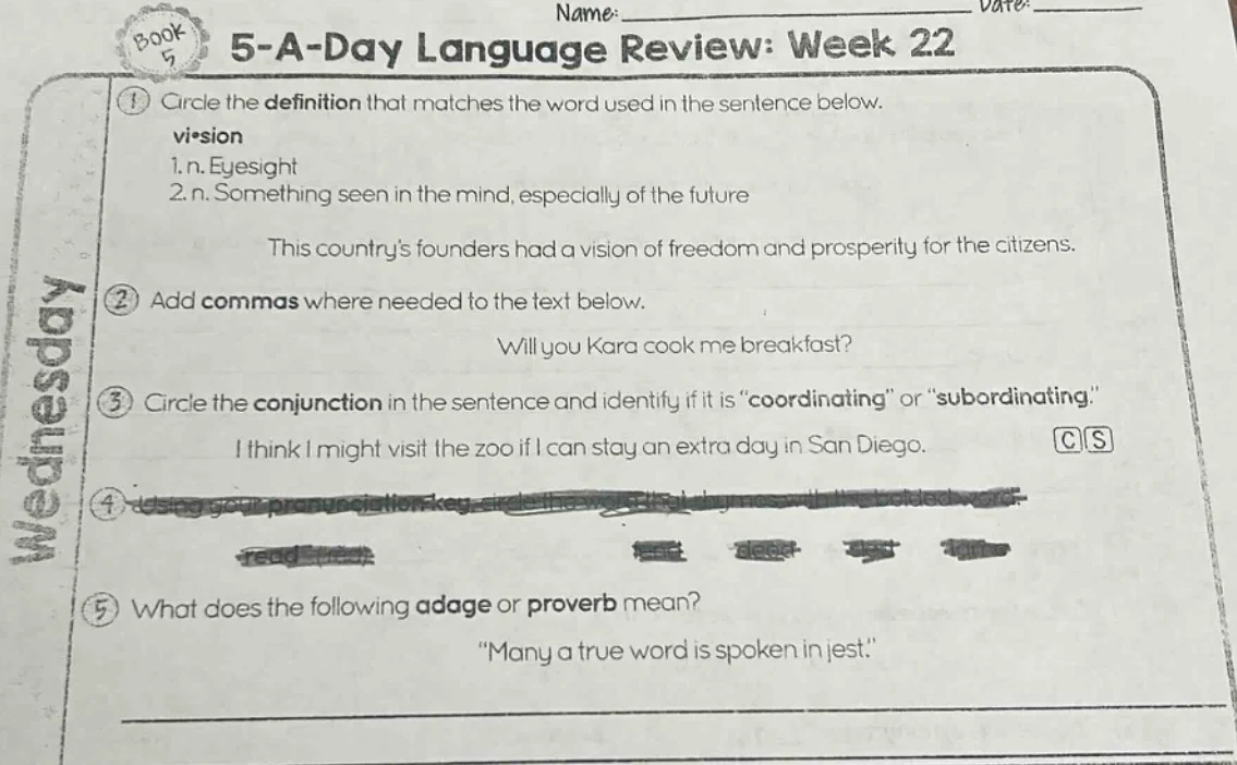 name: date: 5 - a - day language review: week 22 ① circle the definitio…