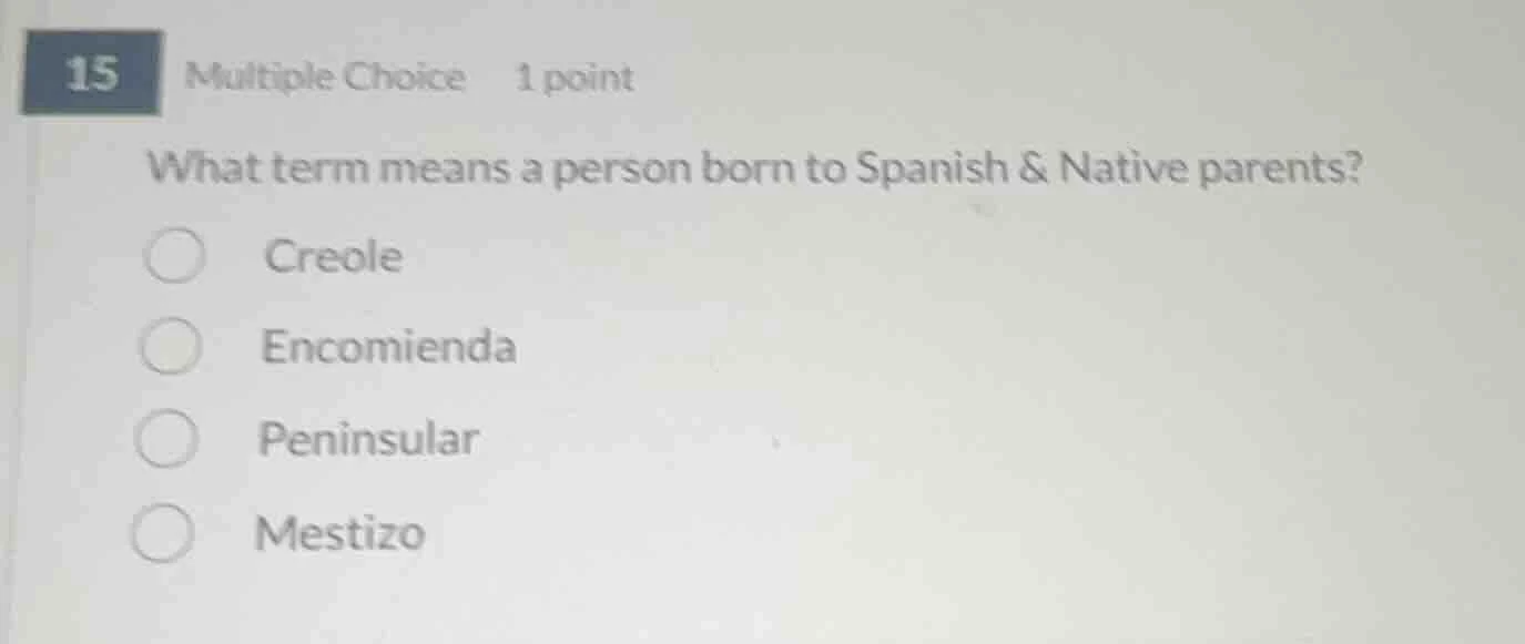 15 multiple choice 1 point what term means a person born to spanish & n…