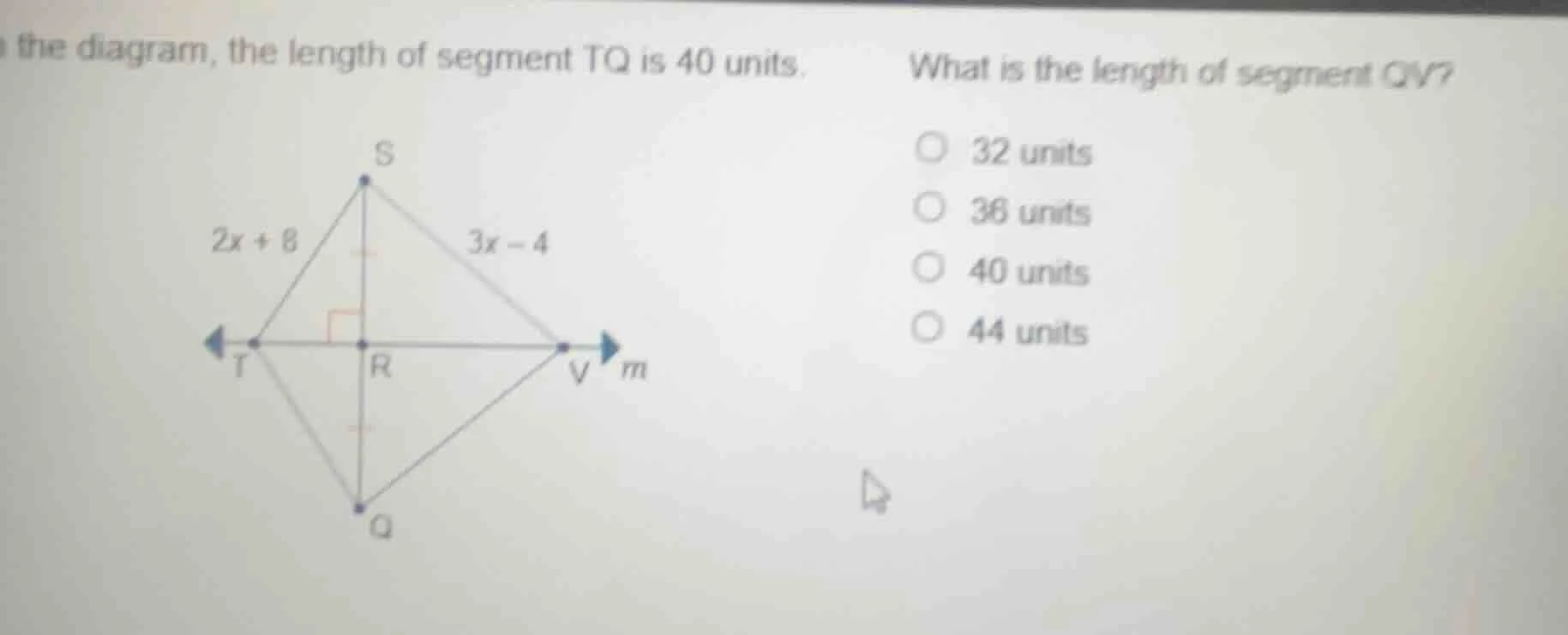in the diagram, the length of segment tq is 40 units. what is the lengt…