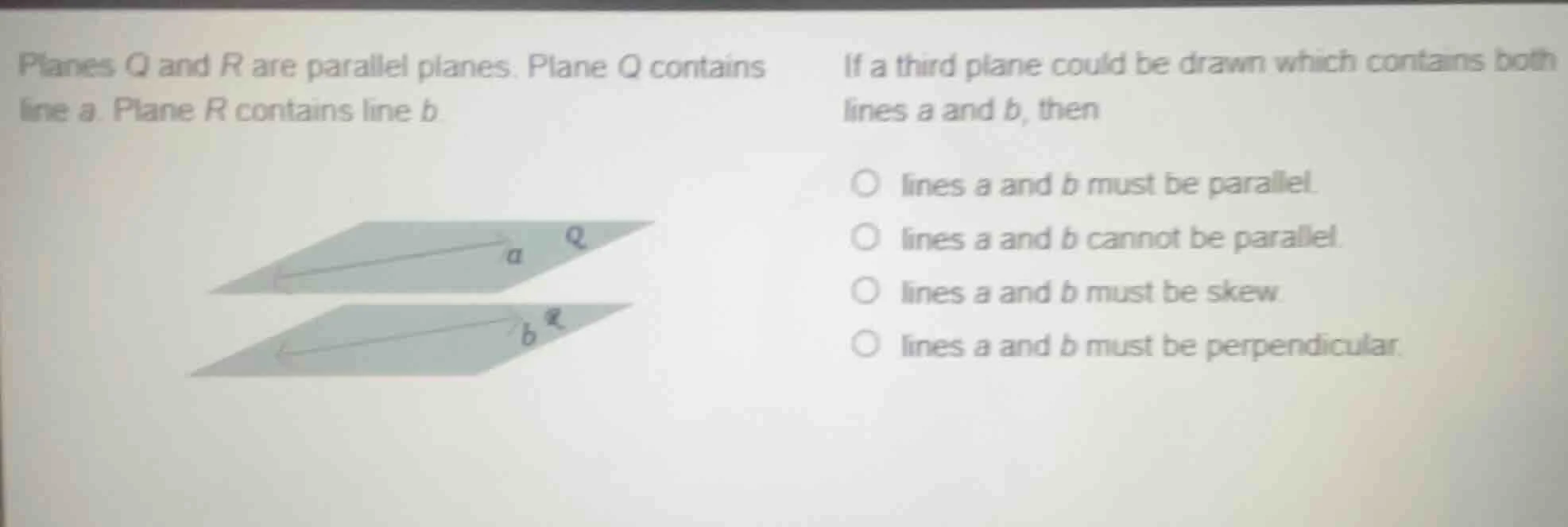 planes q and r are parallel planes. plane q contains line a. plane r co…