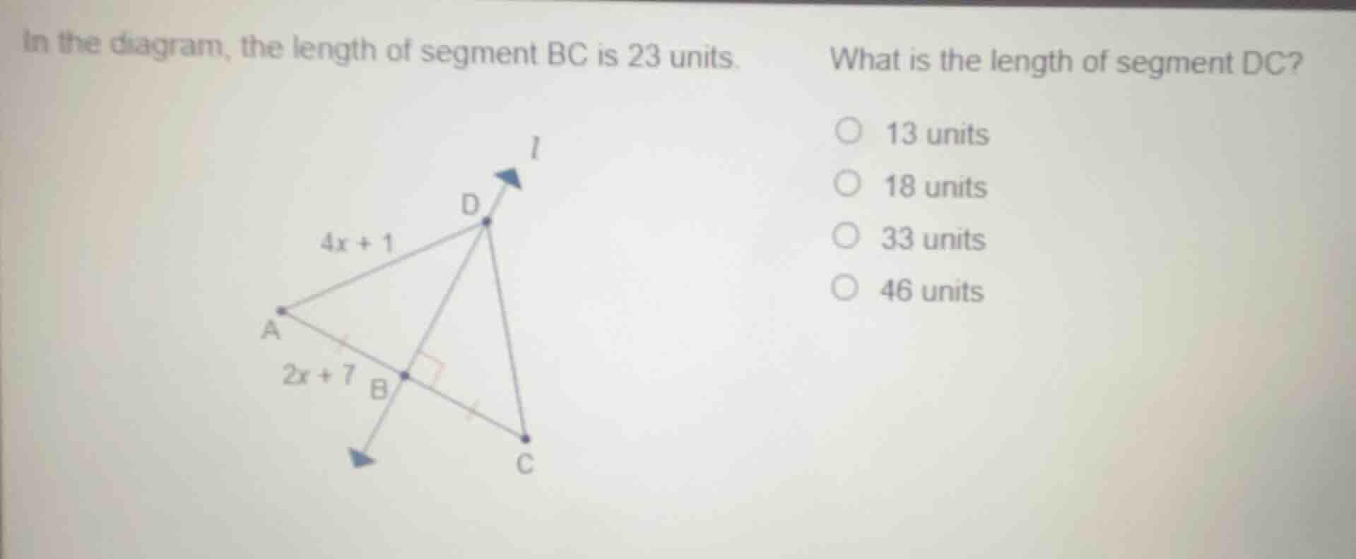 in the diagram, the length of segment bc is 23 units. what is the lengt…