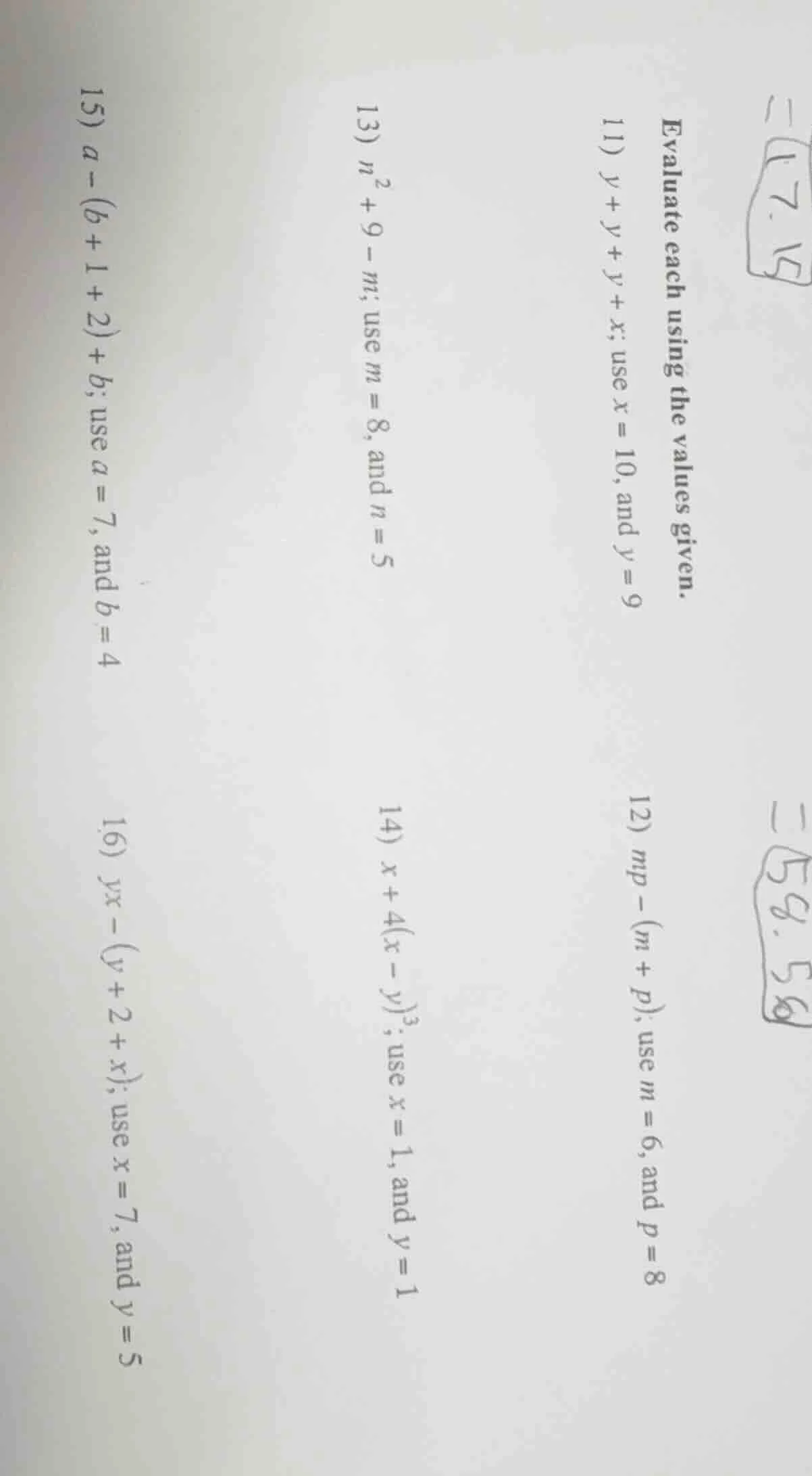 evaluate each using the values given. 11) ( y + y + y + x ); use ( x = …